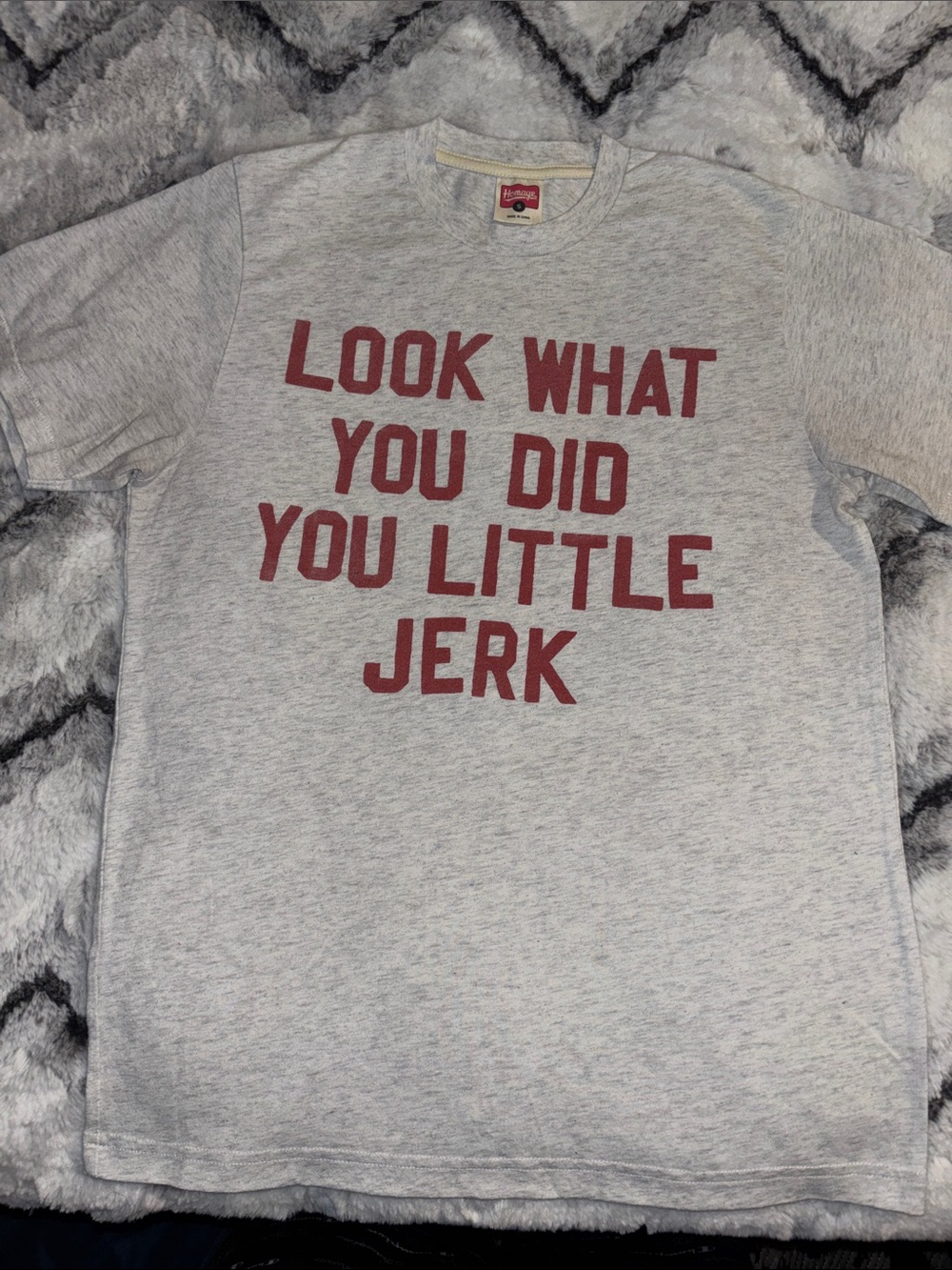 feathers Grey Tee with Red Text Slogan(FROM HOME ALONE)